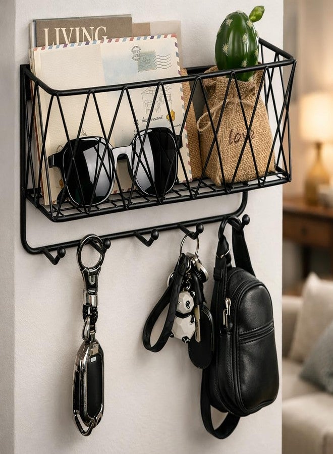 CentraLit حامل مفاتيح معدني أنيق من سنتراليت مع حامل للهاتف المحمول لتزيين المنزل | منظم جداري مع رف وخطافات | منظم مدخل عصري للمفاتيح والبريد، حامل مفاتيح بخمسة خطافات للجدار - Image 1